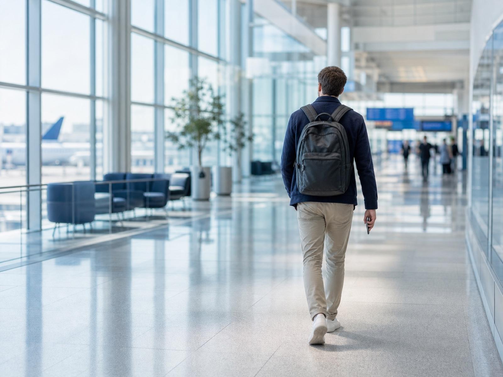 A traveler walking through a bright airport concourse.