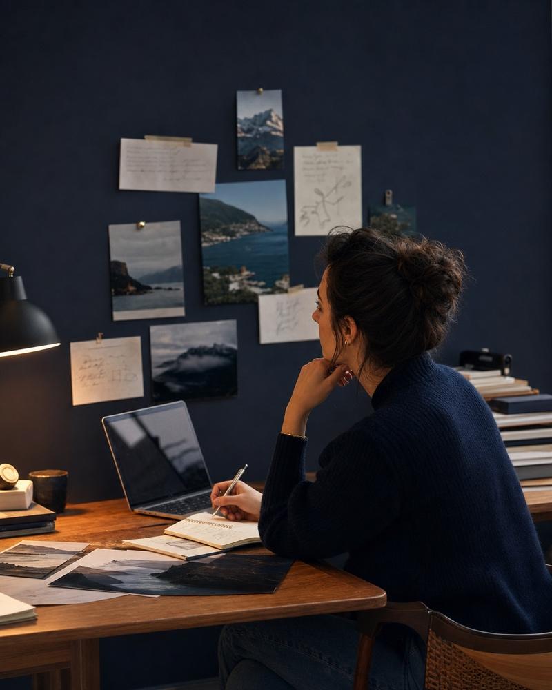 A brand editor reviewing destination material.