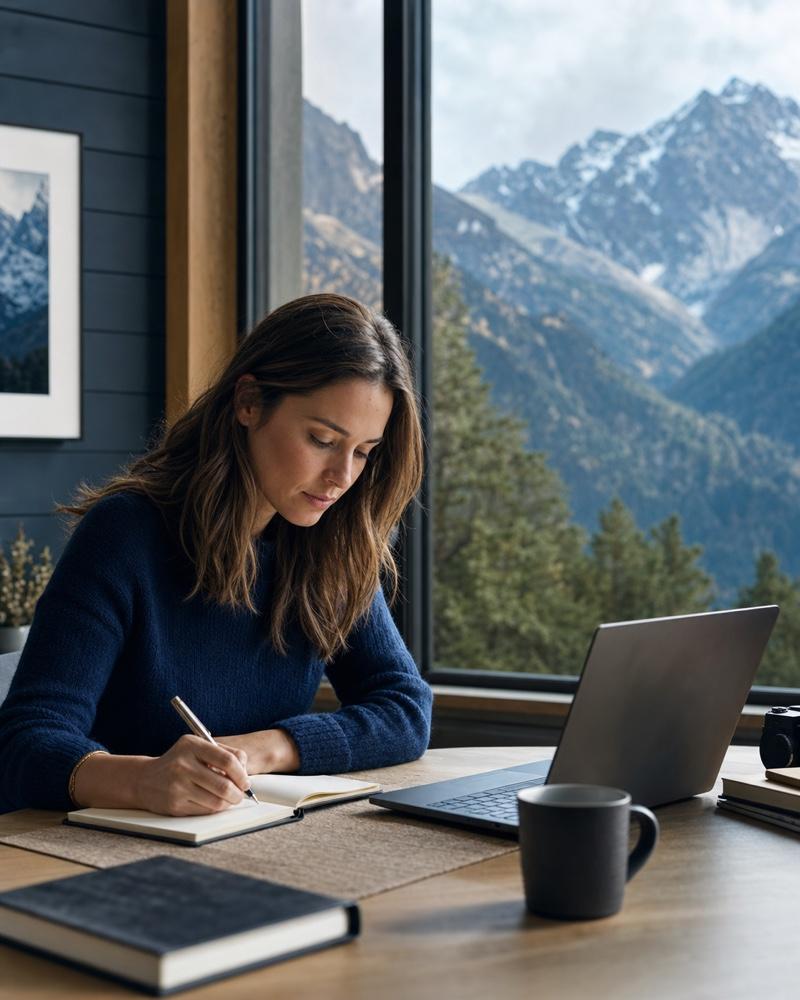 A travel editor working beside a mountain view.